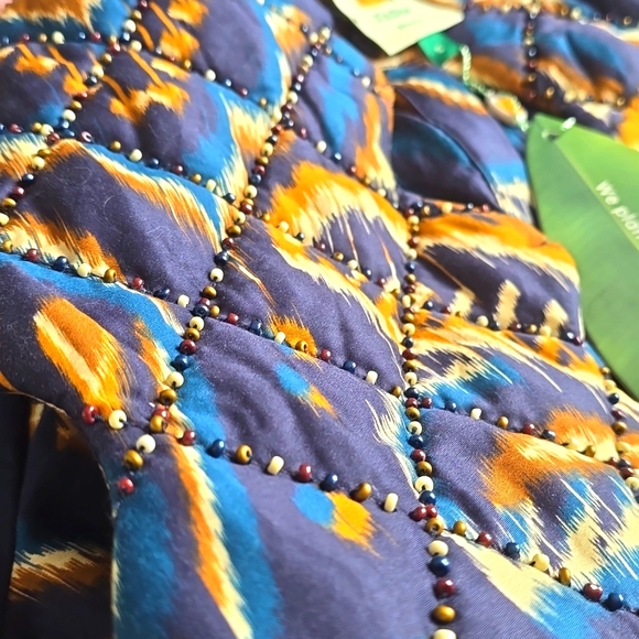 FARM Rio Pineapple Ikat Beaded Matelasse Button Front Euro Boho Top Blue NWT - Picture 8 of 16